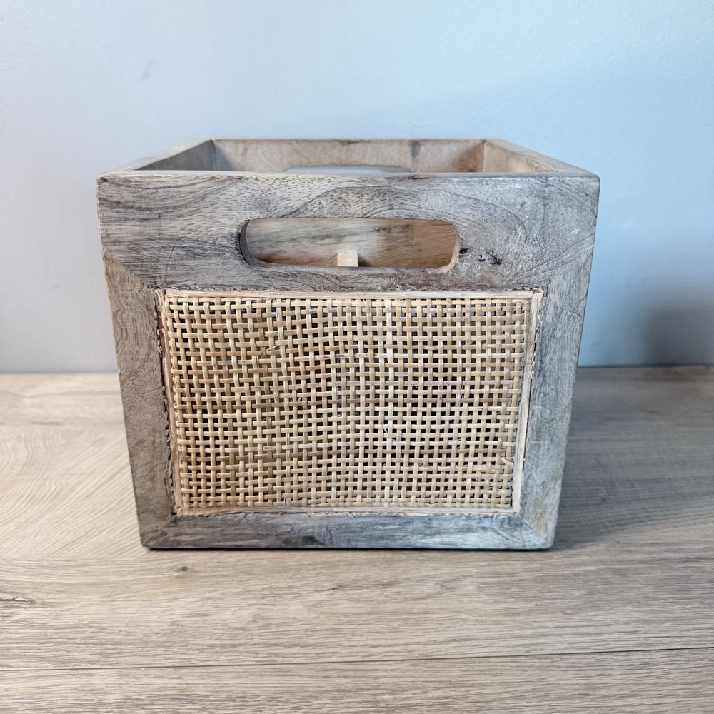 Pier 1 Utensil Caddy Wood Woven Rattan 4 Compartment Flatware Organizer